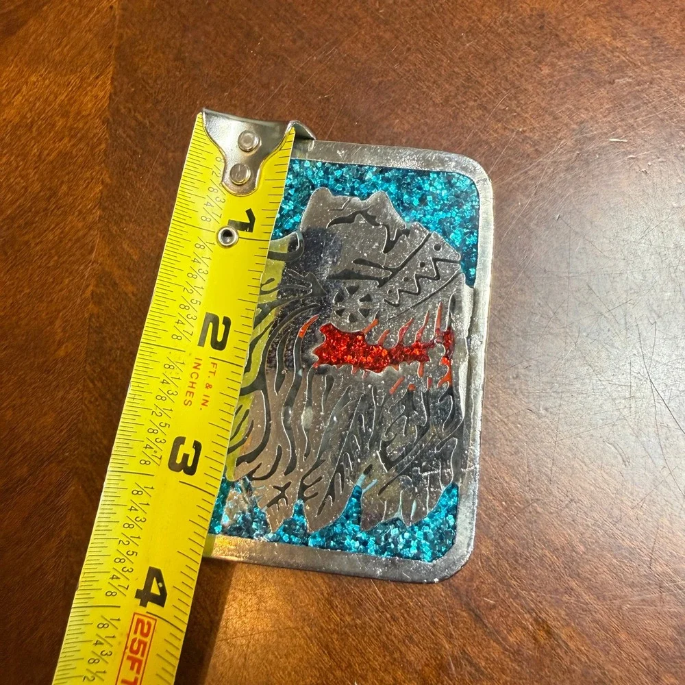 Vintage N.I. Native American Chief Belt‎ Buckle Blue Crushed Glass Silver Tone